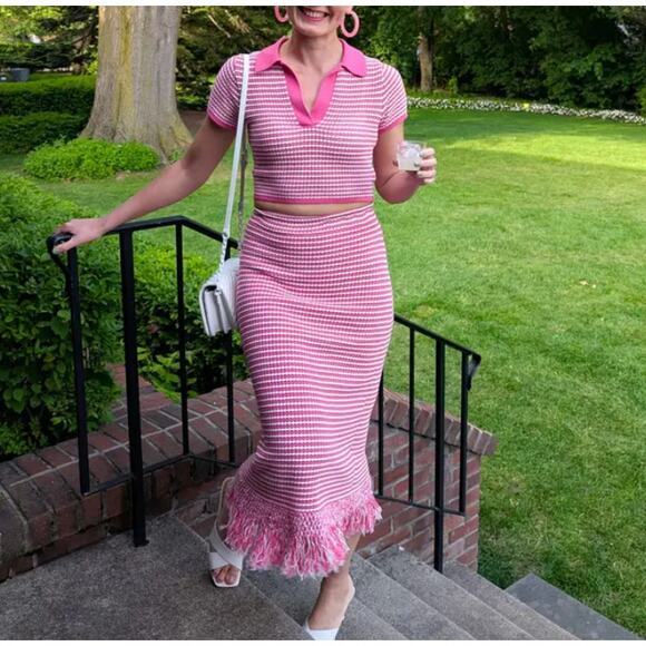 Derek Lam White Pink Polo Crop Top SMALL Baby Tee Striped Designer Preppy $220 - Picture 4 of 10